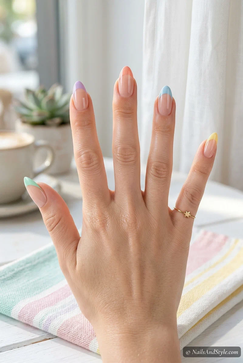 Pastel rainbow french tip acrylic nails with different colored tips