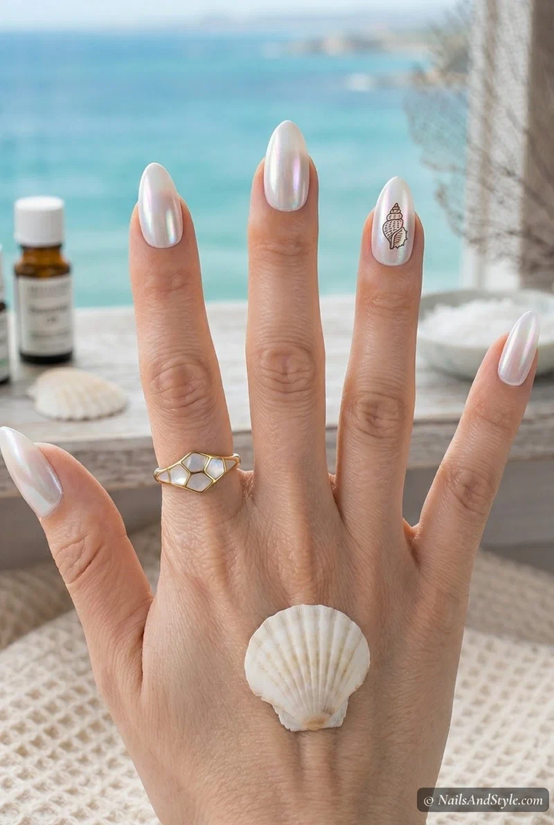 Pearly white acrylic nails with seashell accent detail
