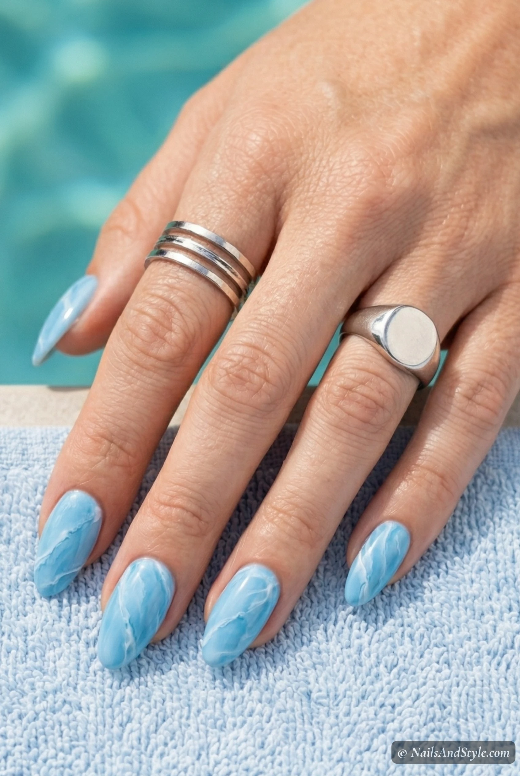 Sky blue marble acrylic nails