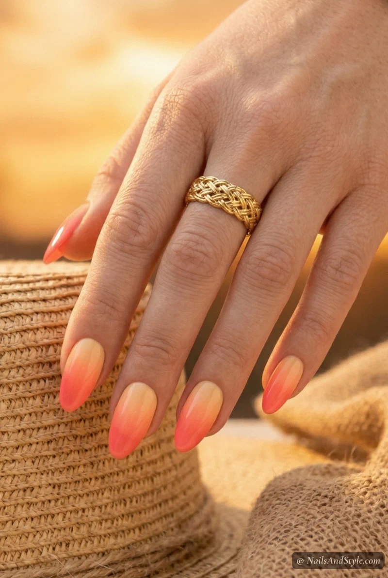 Sunset gradient acrylic nails blending coral, peach, and yellow