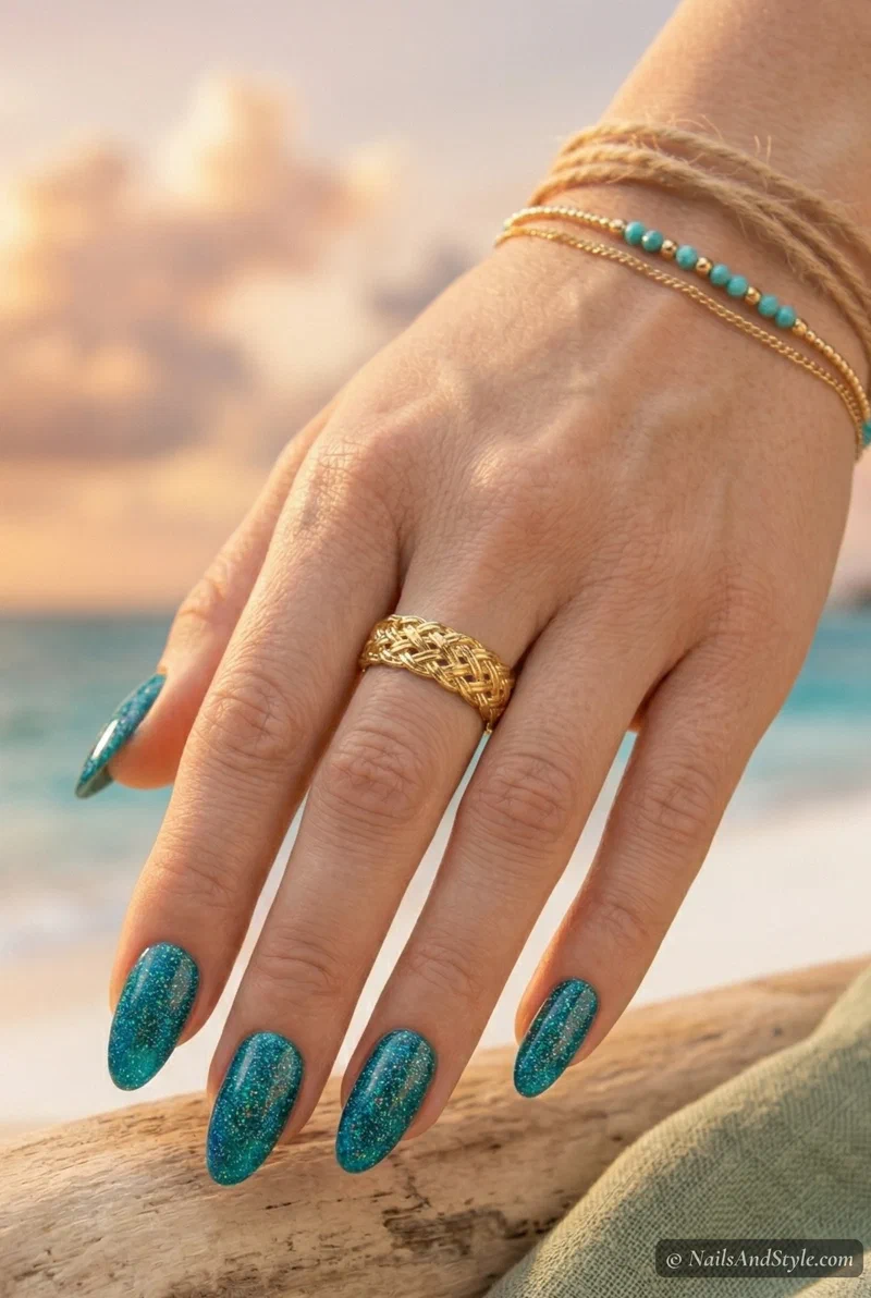 Deep teal acrylic nails with fine holographic glitter overlay