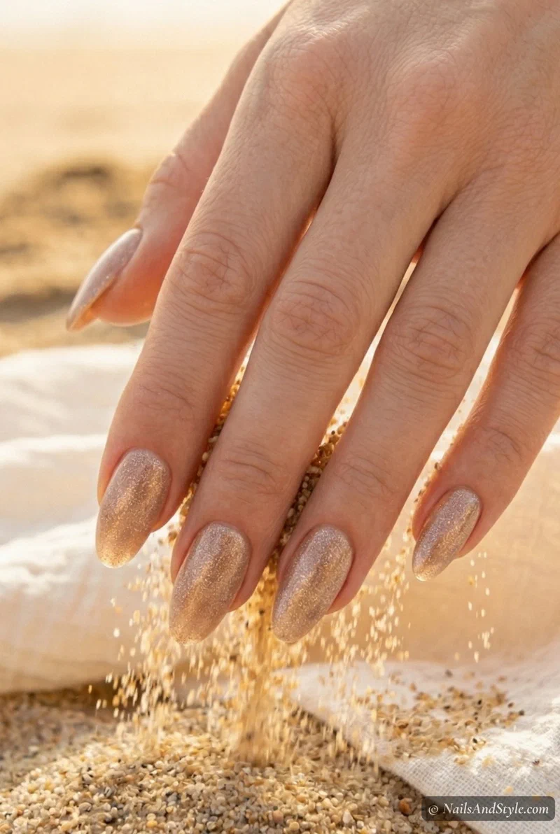 Warm beige-gold shimmer acrylic nails with sandy glow