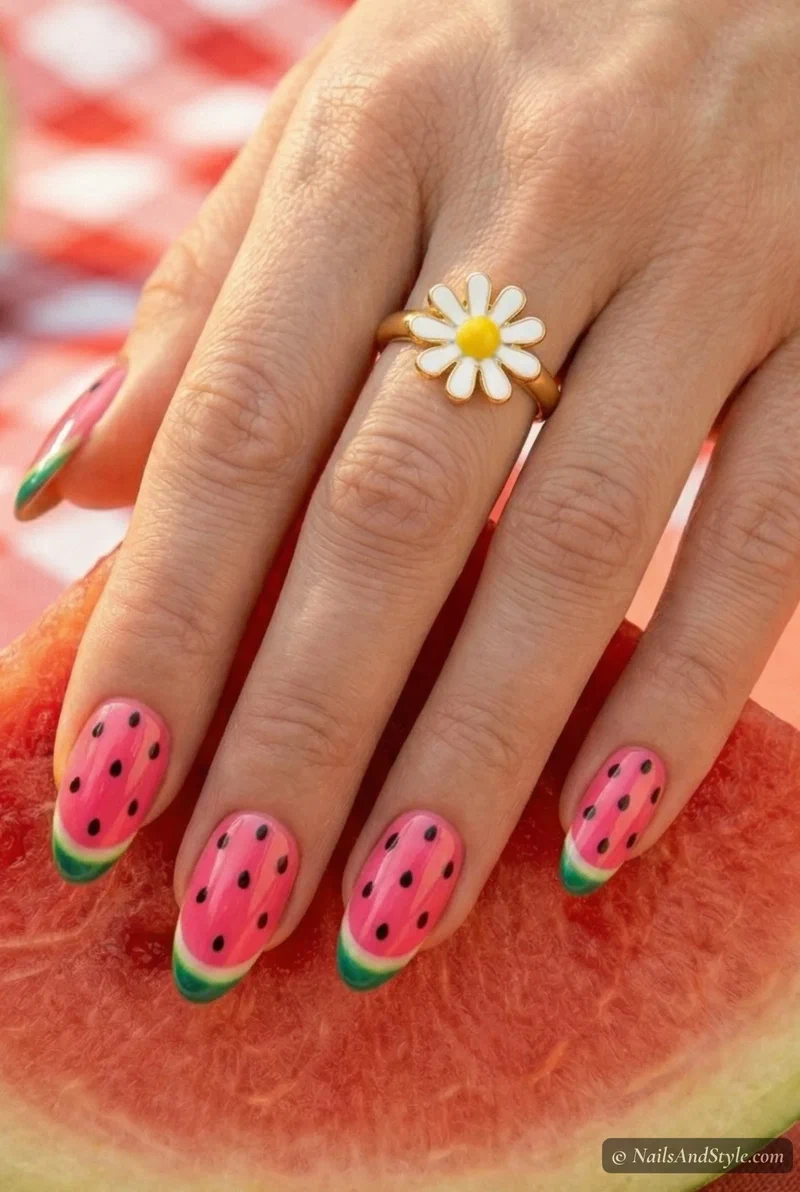Watermelon slice acrylic nail art with pink, green, and seed details