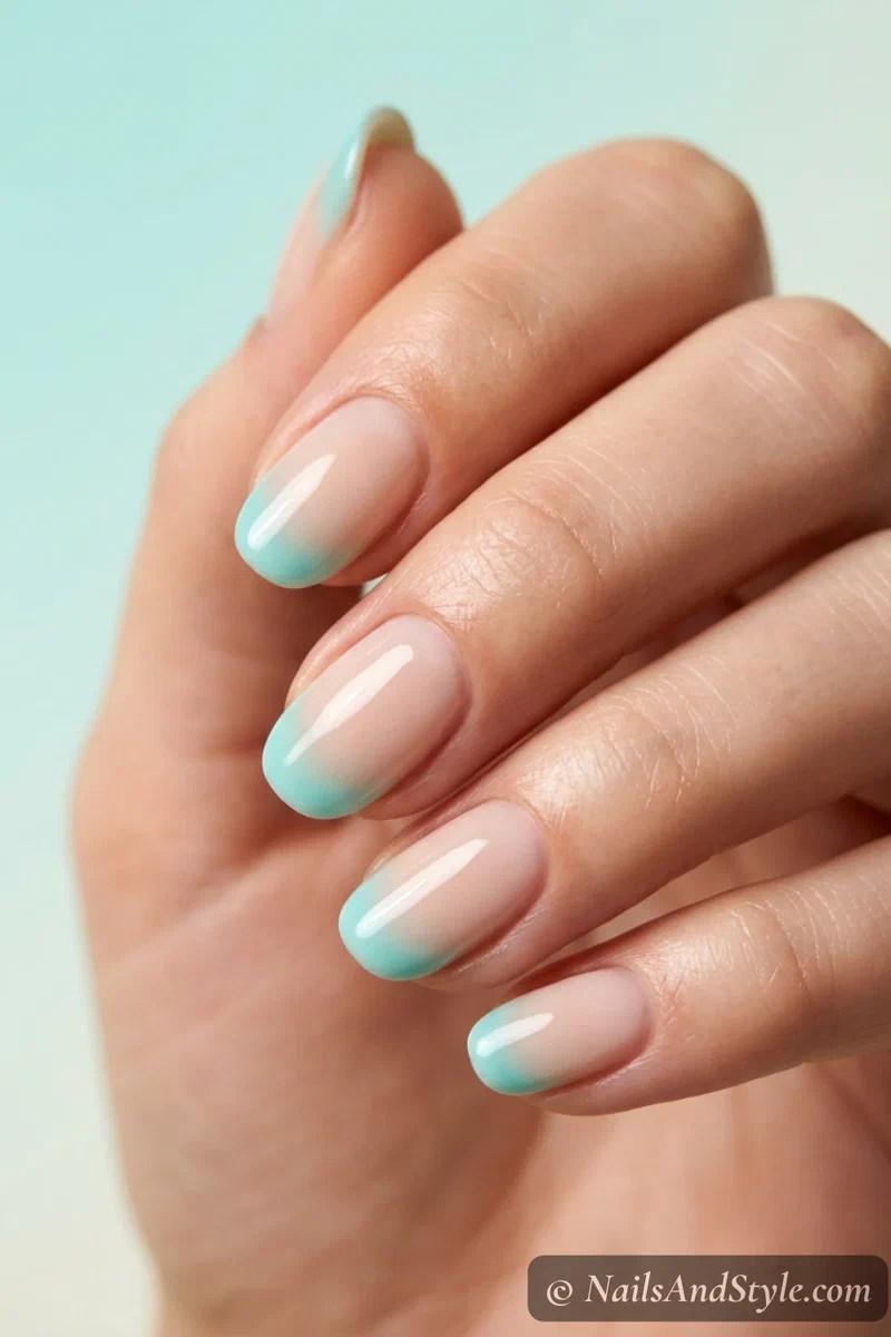 French aura nails with an aqua glow blurred across the tips