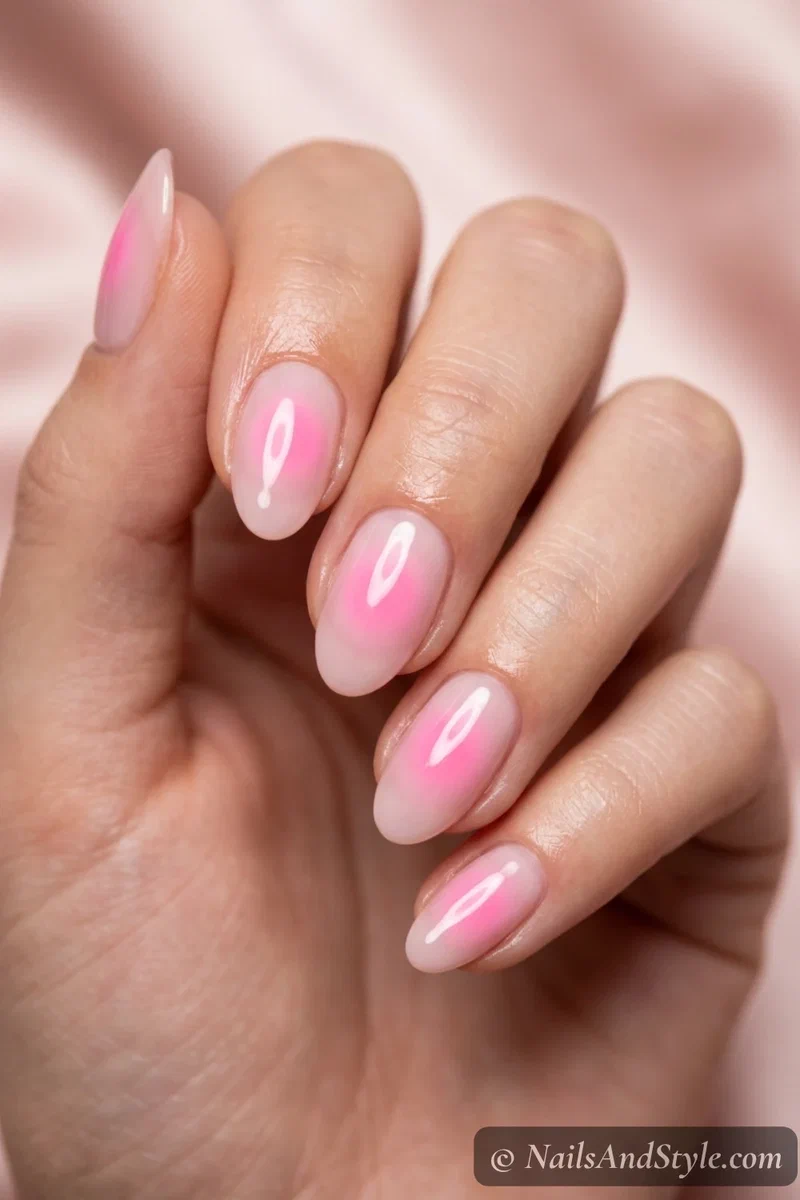 Bright bubblegum pink aura nails with a glossy finish