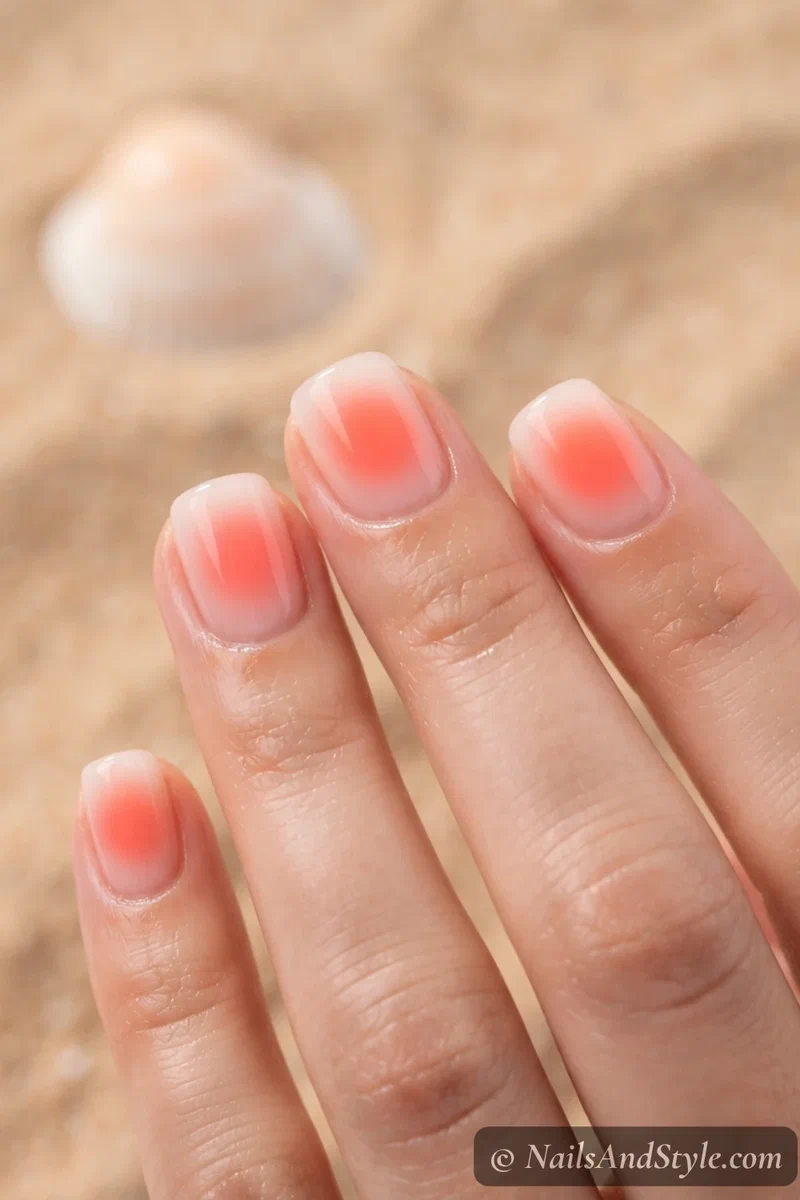 Bright coral aura nails with a juicy jelly finish