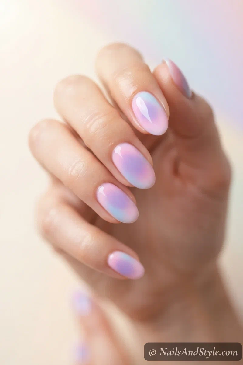 Pastel pink and blue cotton candy aura nails