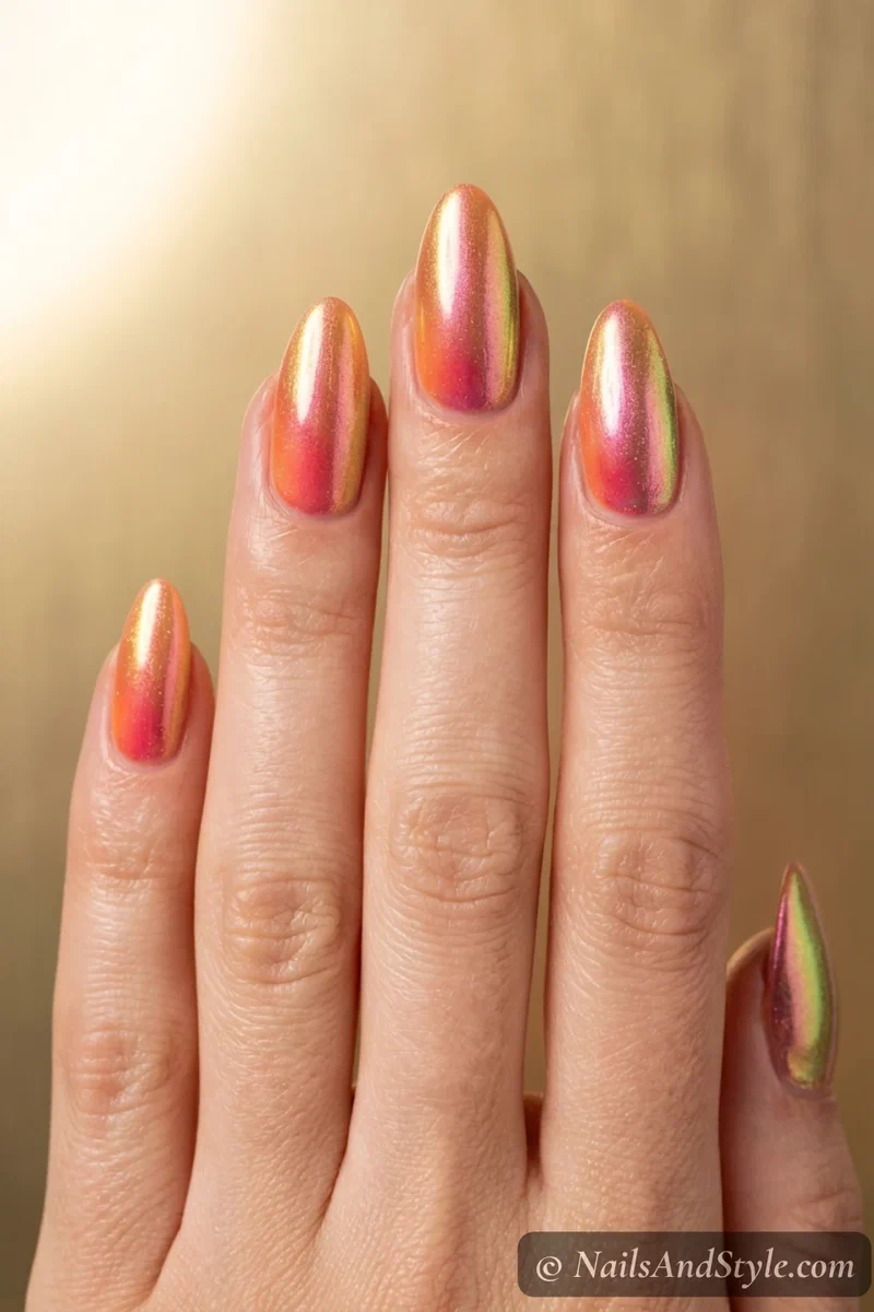 Color-shifting duo-chrome aura nails over a warm sunset base