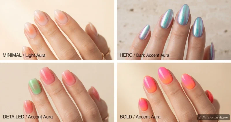 Collage of four summer aura nail designs including peach sunset glow, mermaid chrome aura, watermelon aura, and neon sunset aura