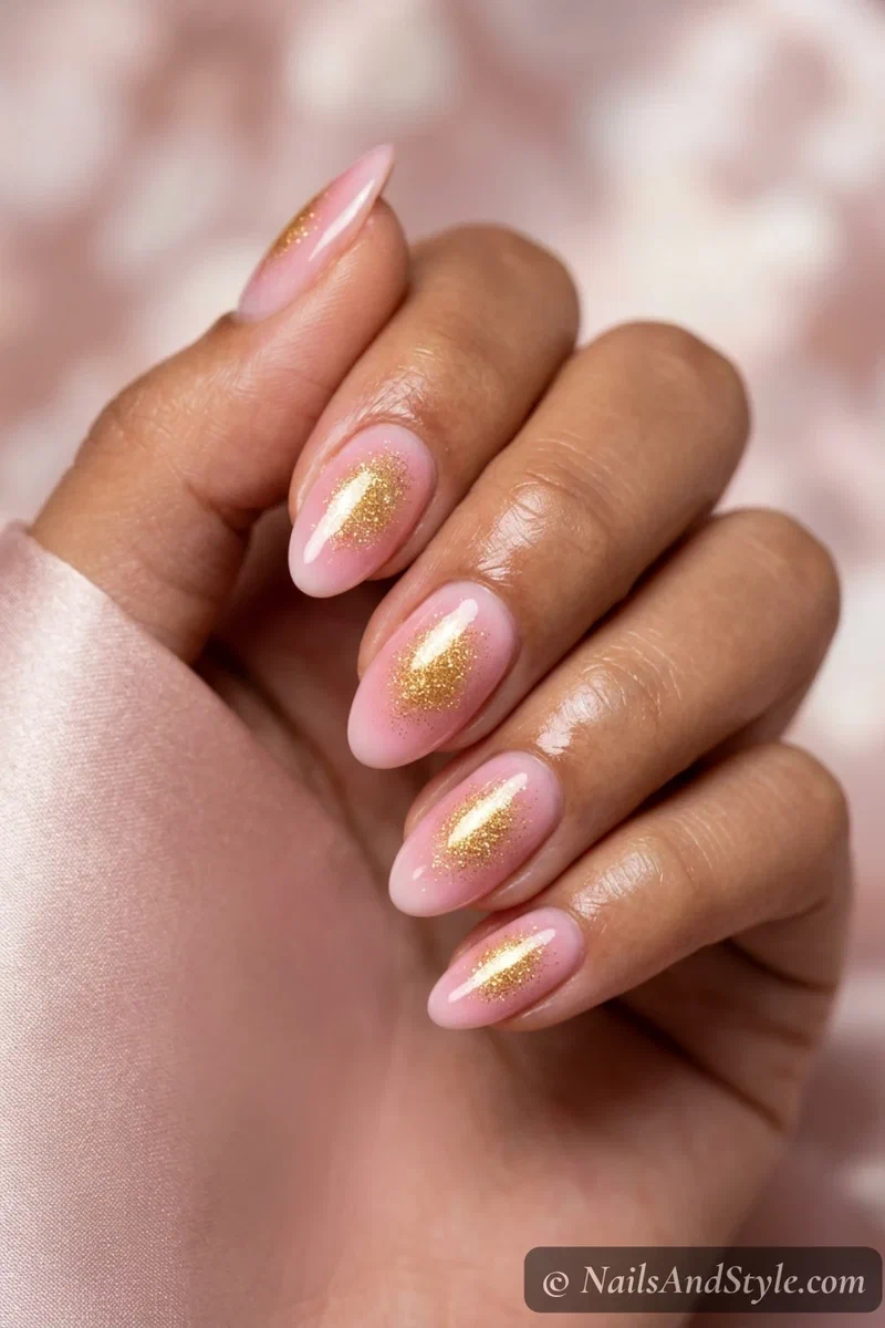 Pink aura nails with a gold glitter center