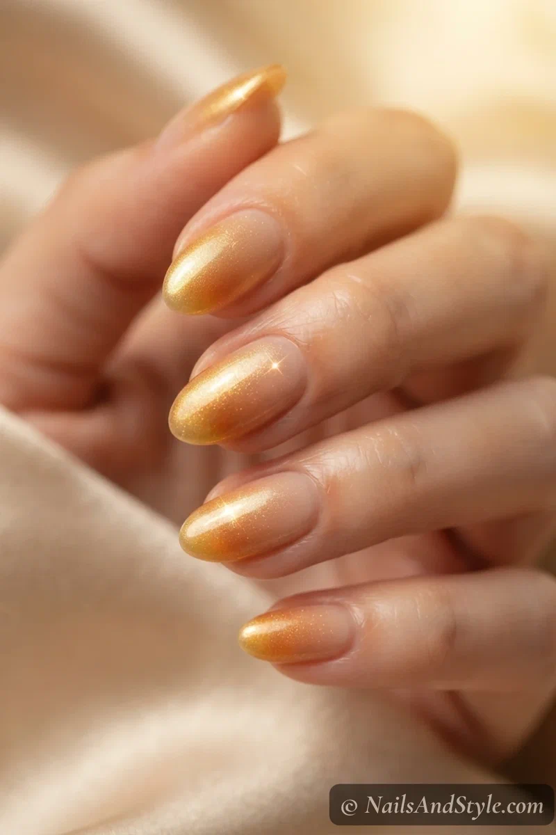 Amber and gold aura nails with a shimmer finish on a nude base