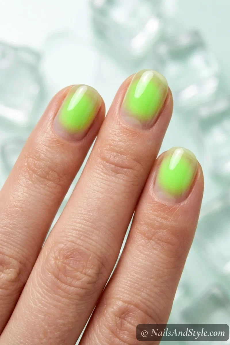 Bright lime green aura nails with a clear jelly finish