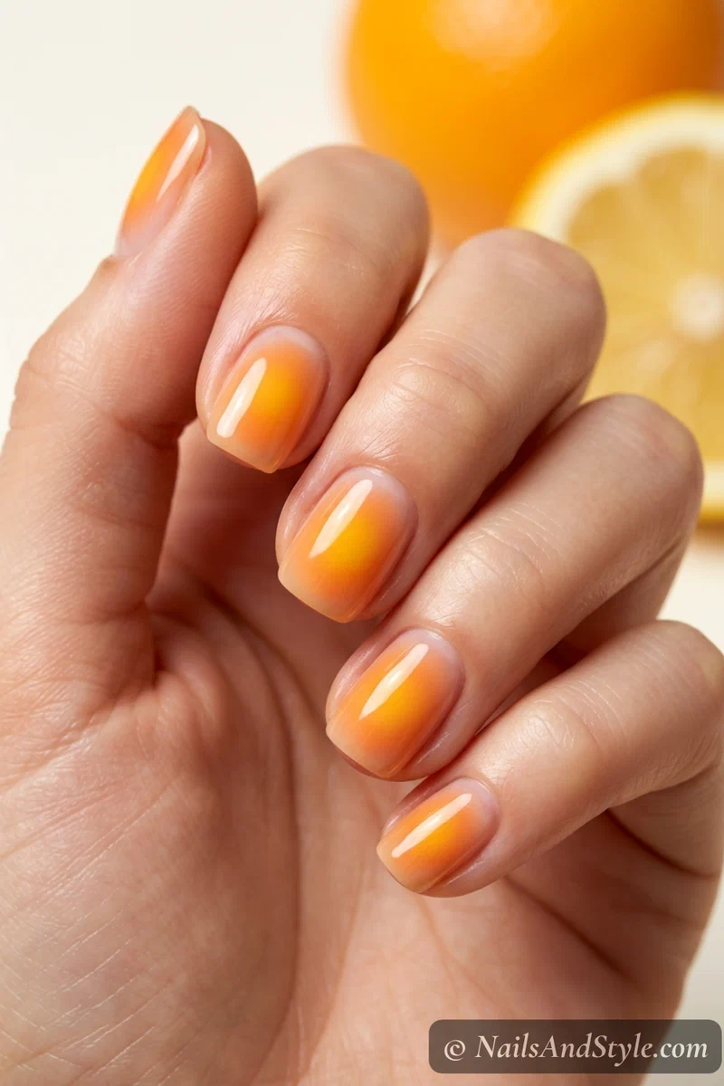 Bright mango orange aura nails with a glossy finish