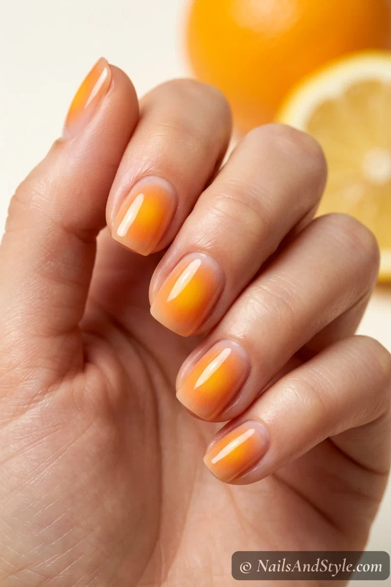 Bright mango orange aura nails with a glossy finish