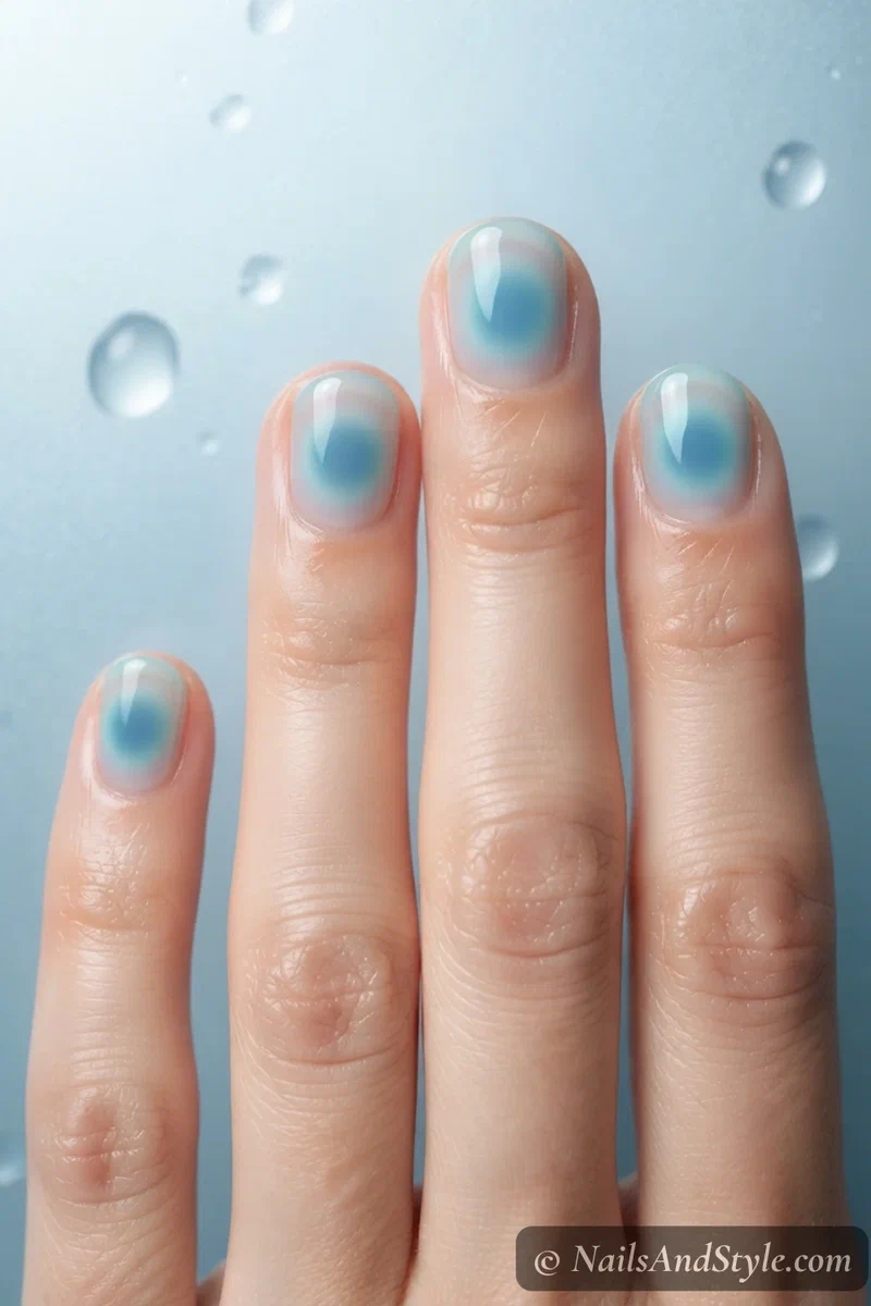 Blue and teal aura nails with a glassy jelly finish