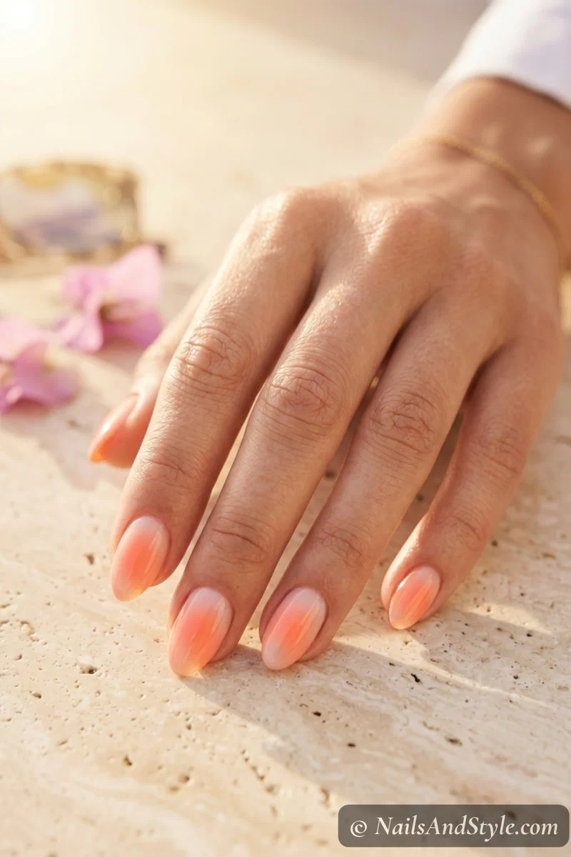 Peach coral aura nails with a soft glowing center on a milky base
