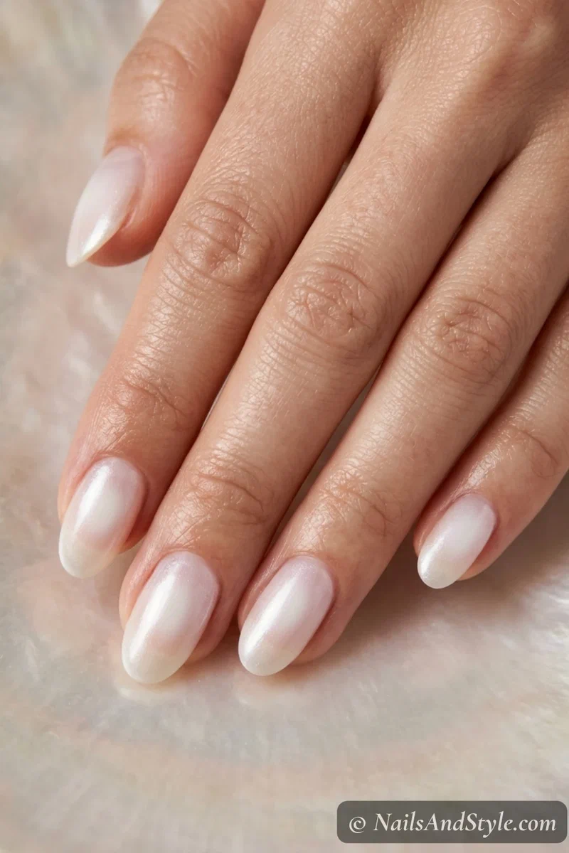 Milky white aura nails with a soft pearl shimmer finish