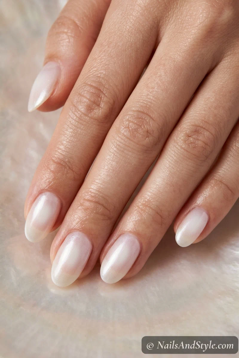 Milky white aura nails with a soft pearl shimmer finish