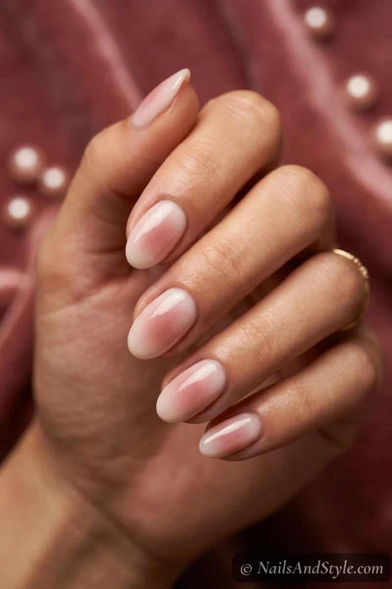 Dusty rose and milky pink aura nails with a soft glow