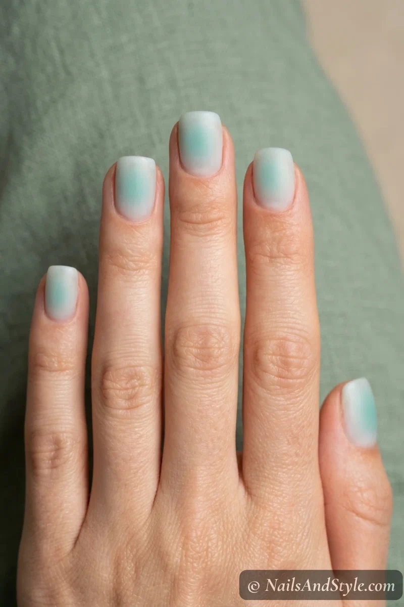 Pale seafoam green aura nails with a matte sea glass finish