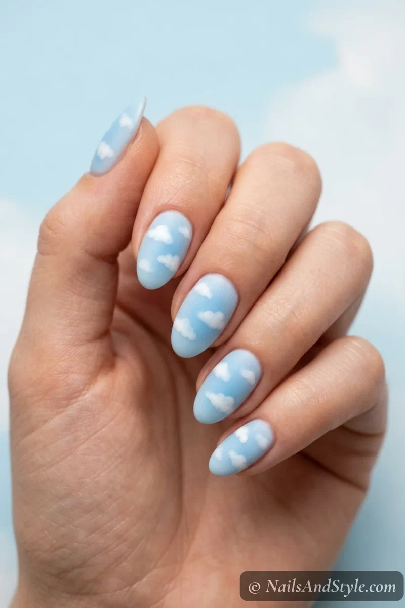 Baby blue aura nails with tiny soft white cloud accents