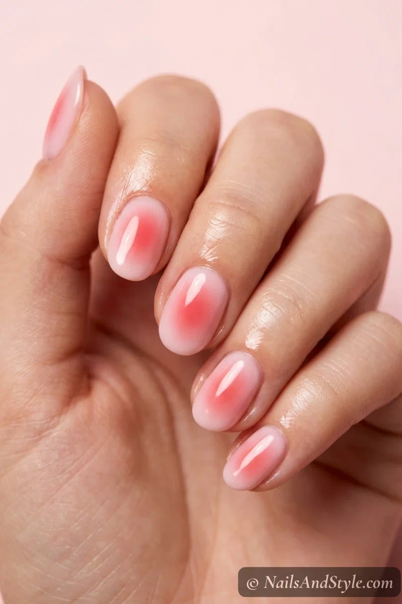 Pale pink and red strawberry milk aura nails with a creamy glossy finish
