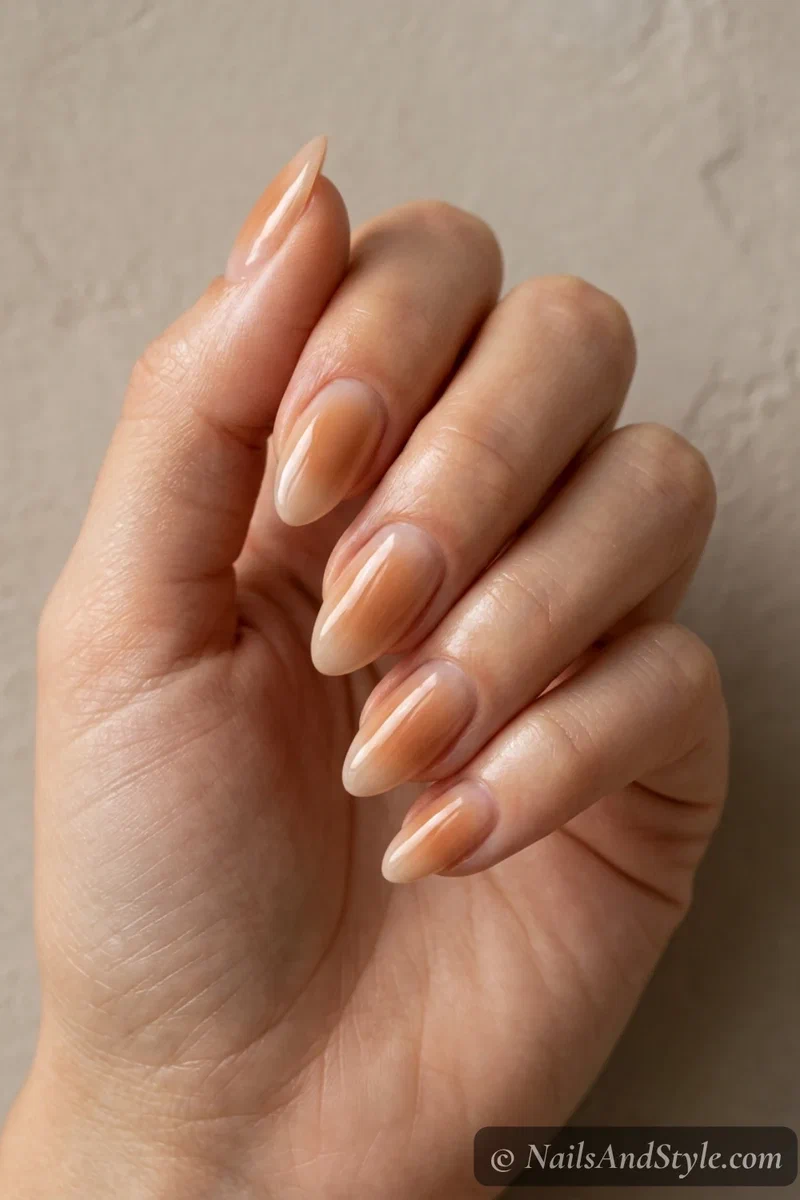 Warm nude aura nails with a soft sunlit glow