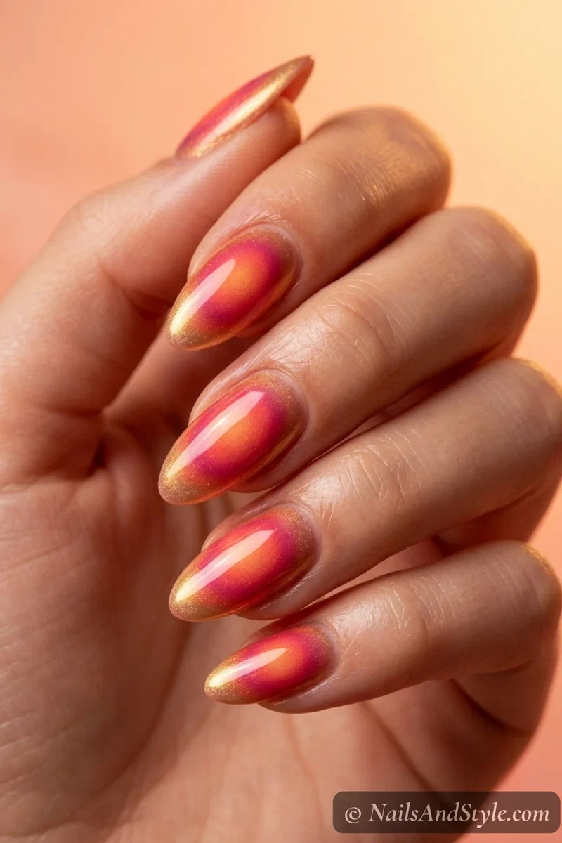 Multi-color pink coral and gold sunset ombre aura nails