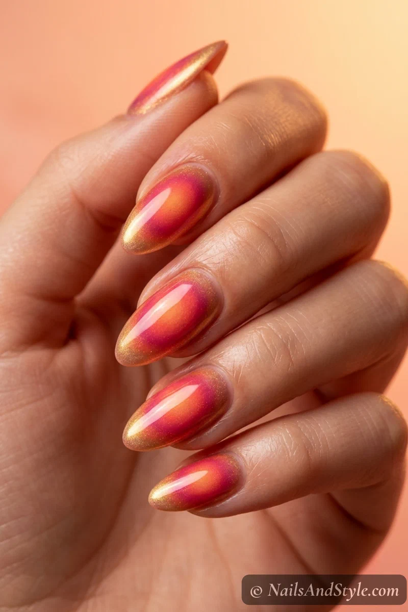 Multi-color pink coral and gold sunset ombre aura nails