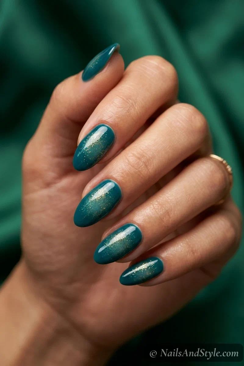 Deep teal aura nails with fine gold glitter through the center