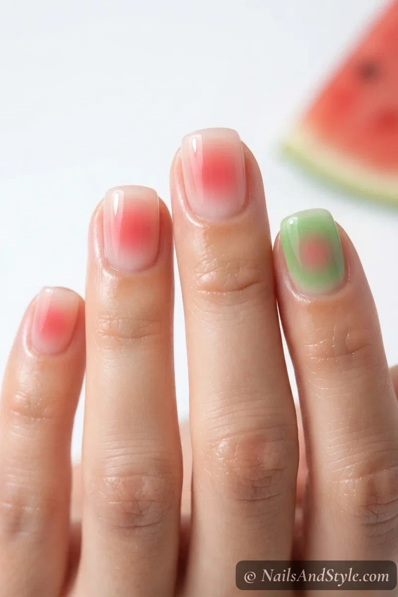 Pink and green watermelon-inspired aura nails with glossy finish