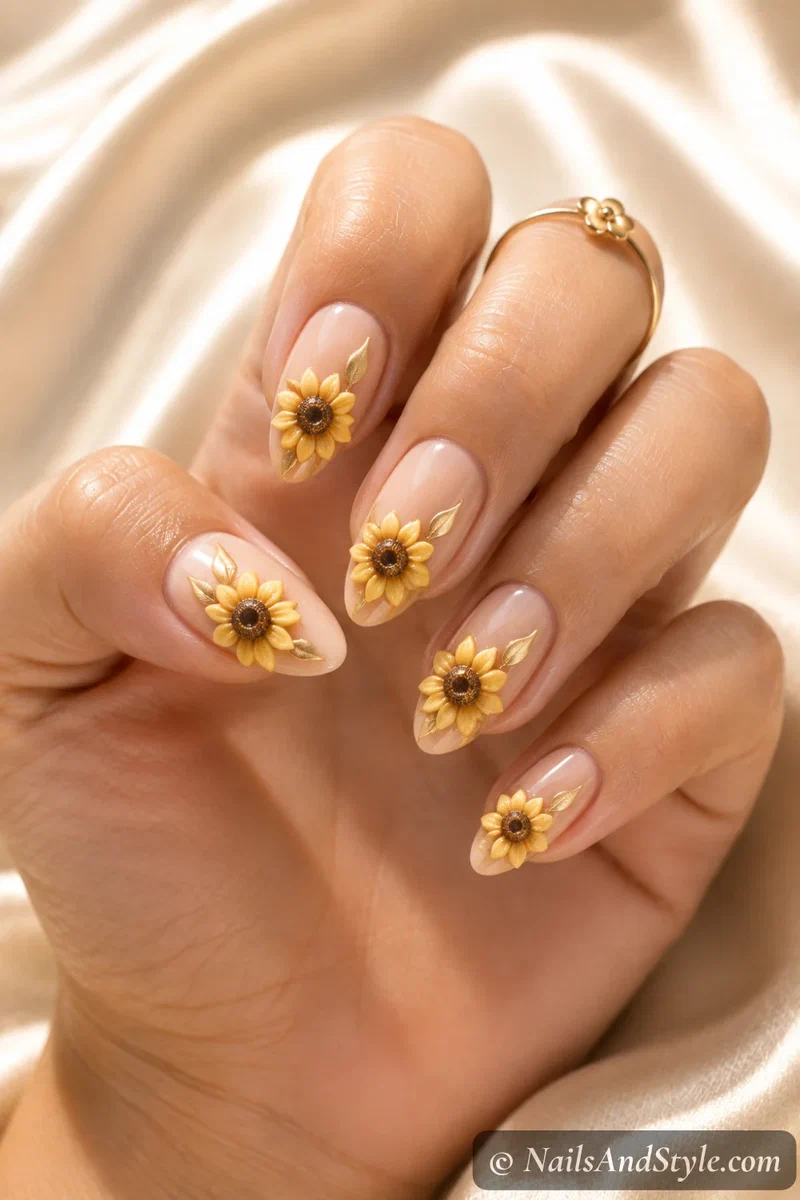 3D sunflower nails with raised sculpted petals on an accent nail over a nude base, medium almond nails