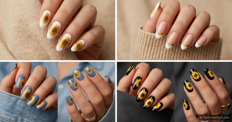 Collage of four sunflower nail looks — classic white-base sunflower accent, sunflower French tips, sunflower on denim blue, and a moody black-base sunflower