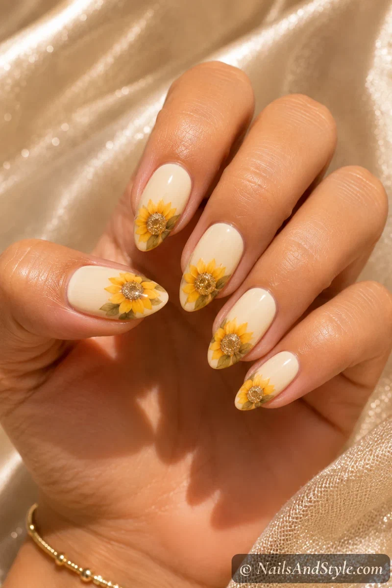 Golden glitter sunflower nails with a shimmering gold glitter center over a cream base on medium almond nails
