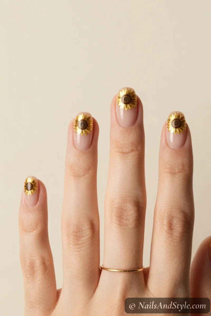 Half sunflower tip nails with half a sunflower rising from each tip over a nude base on short oval nails