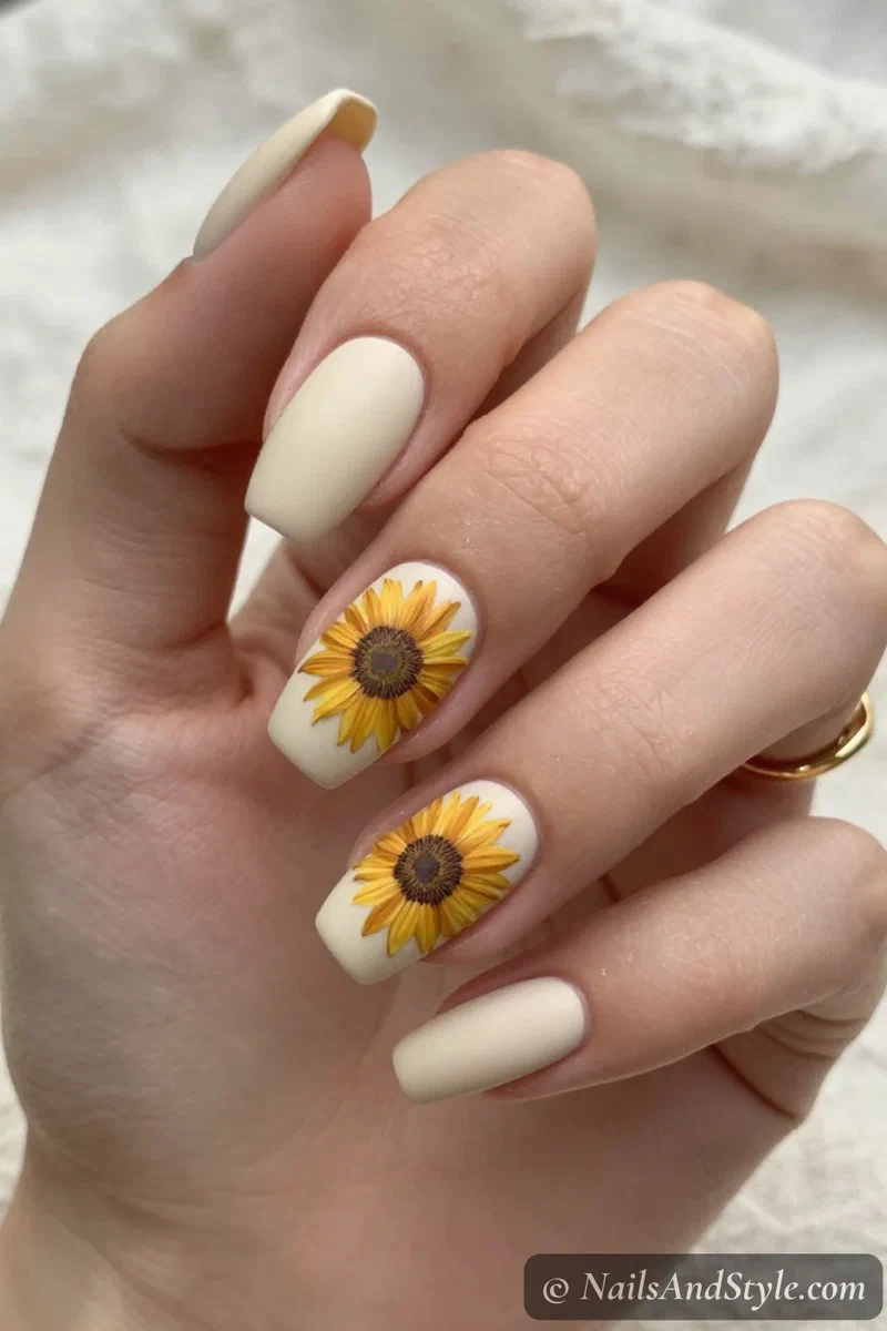 Matte sunflower nails with a golden sunflower under a soft matte finish over a cream base on medium almond nails
