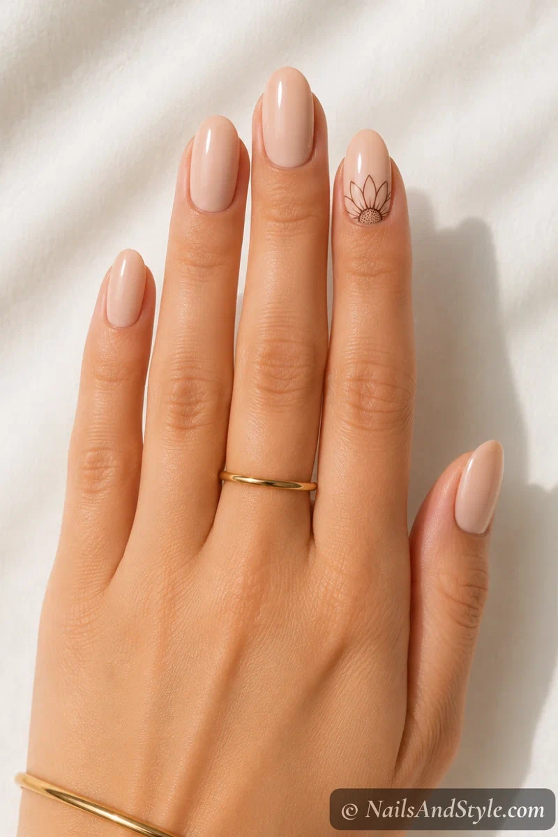 Minimalist line sunflower nails with a thin outlined sunflower over a nude base on medium oval nails