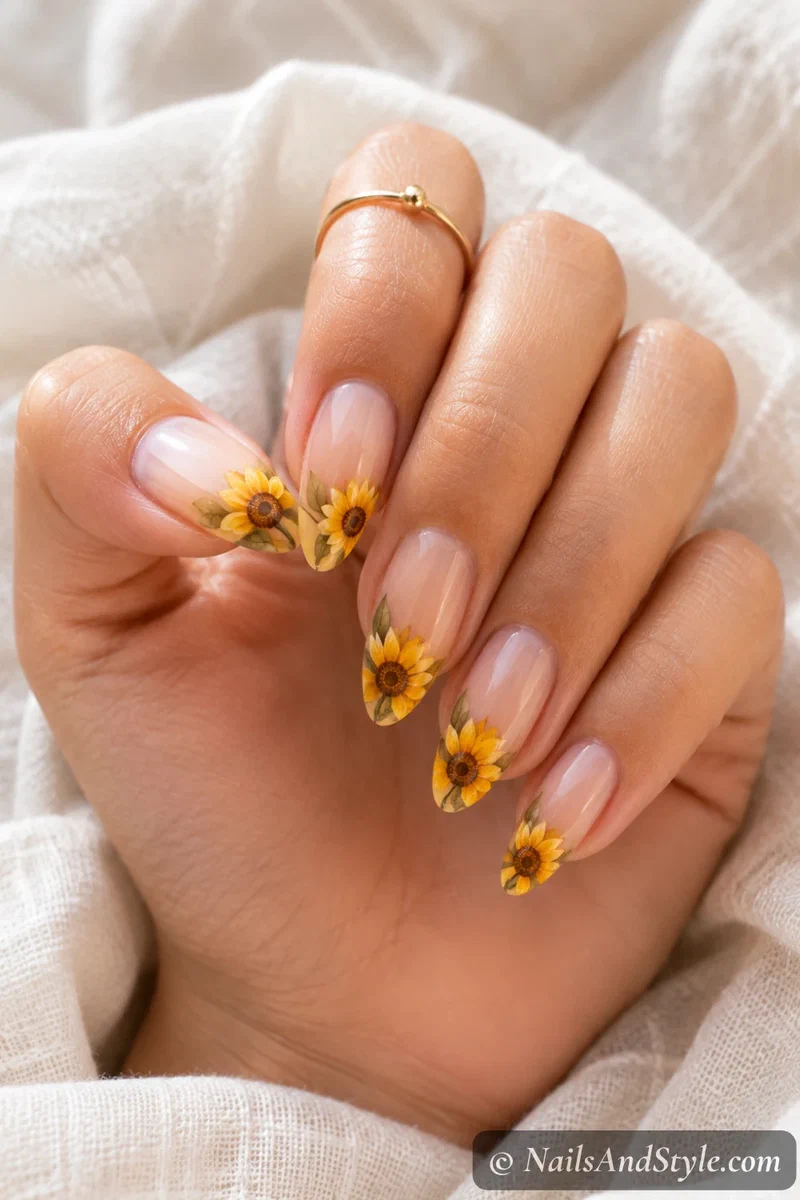 Negative space sunflower nails with a sunflower growing from one corner over bare natural nail, medium almond nails