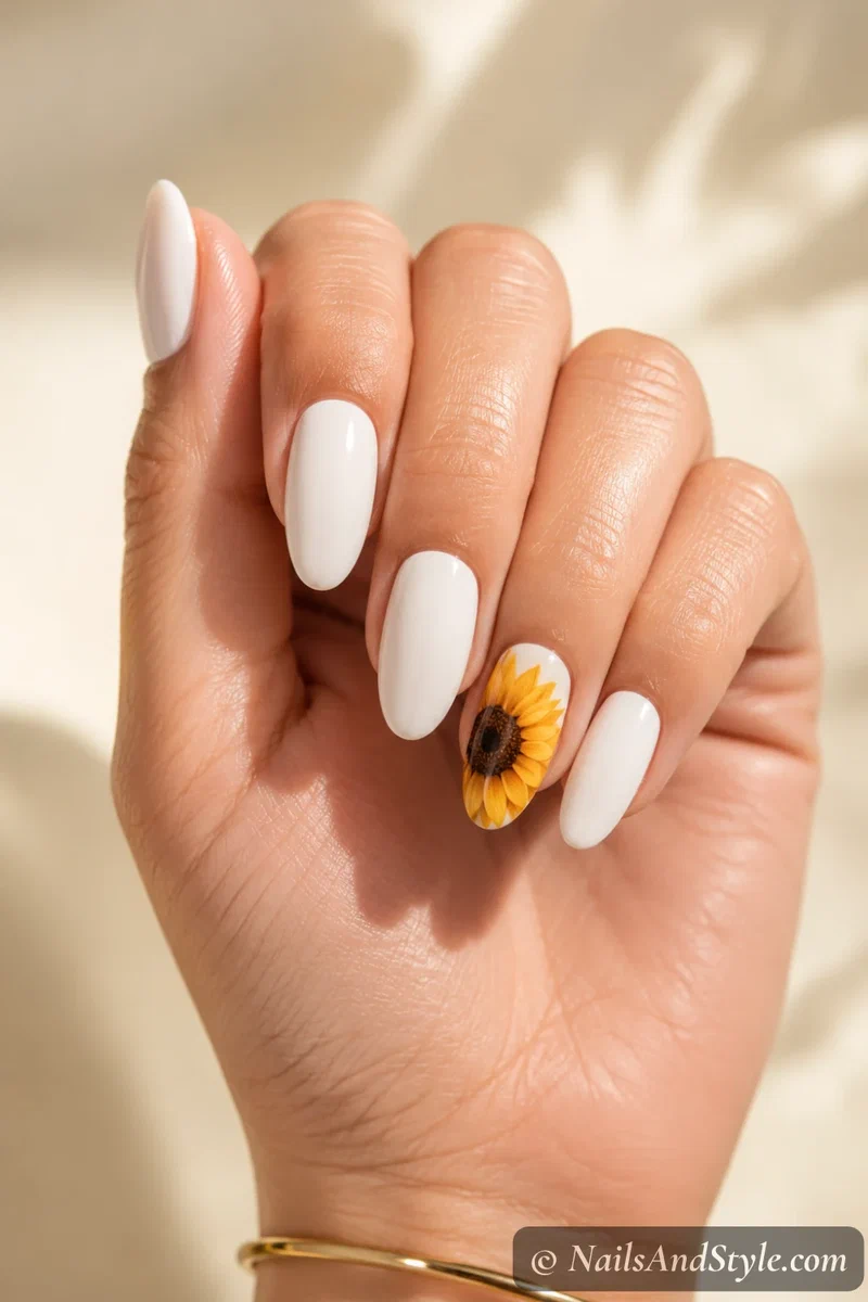 Single bloom statement nails with one large sunflower filling an accent nail, medium almond nails