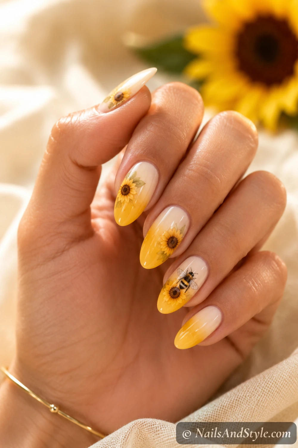 Sunflower and bee accent nails