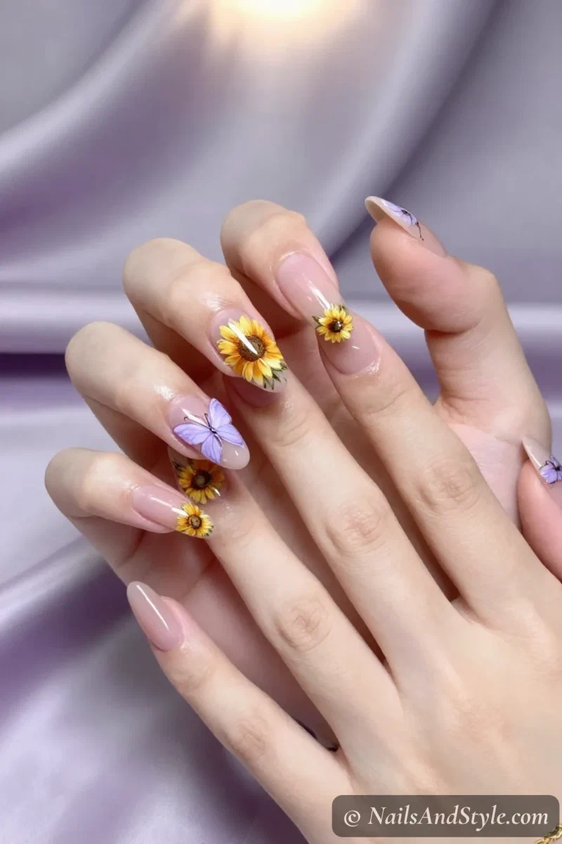 Sunflower and butterfly nails with a golden sunflower and a soft butterfly on an accent nail, medium almond nails