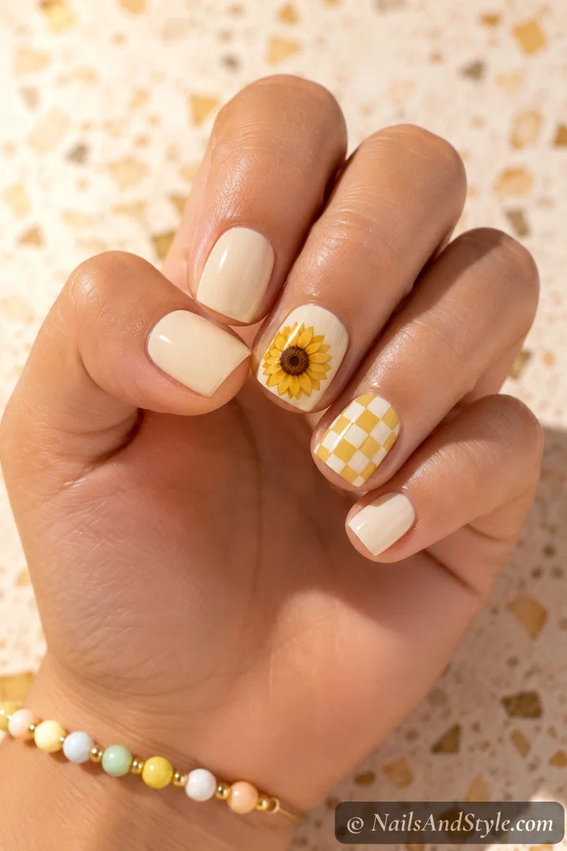 Sunflower and checkerboard nails with a yellow checkerboard accent and a sunflower accent, short square nails