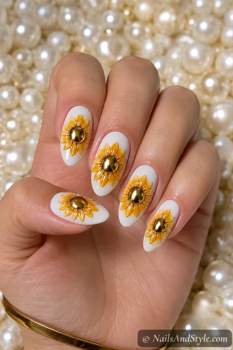 Sunflower chrome center nails with a gold chrome center and yellow petals over a white base on medium almond nails