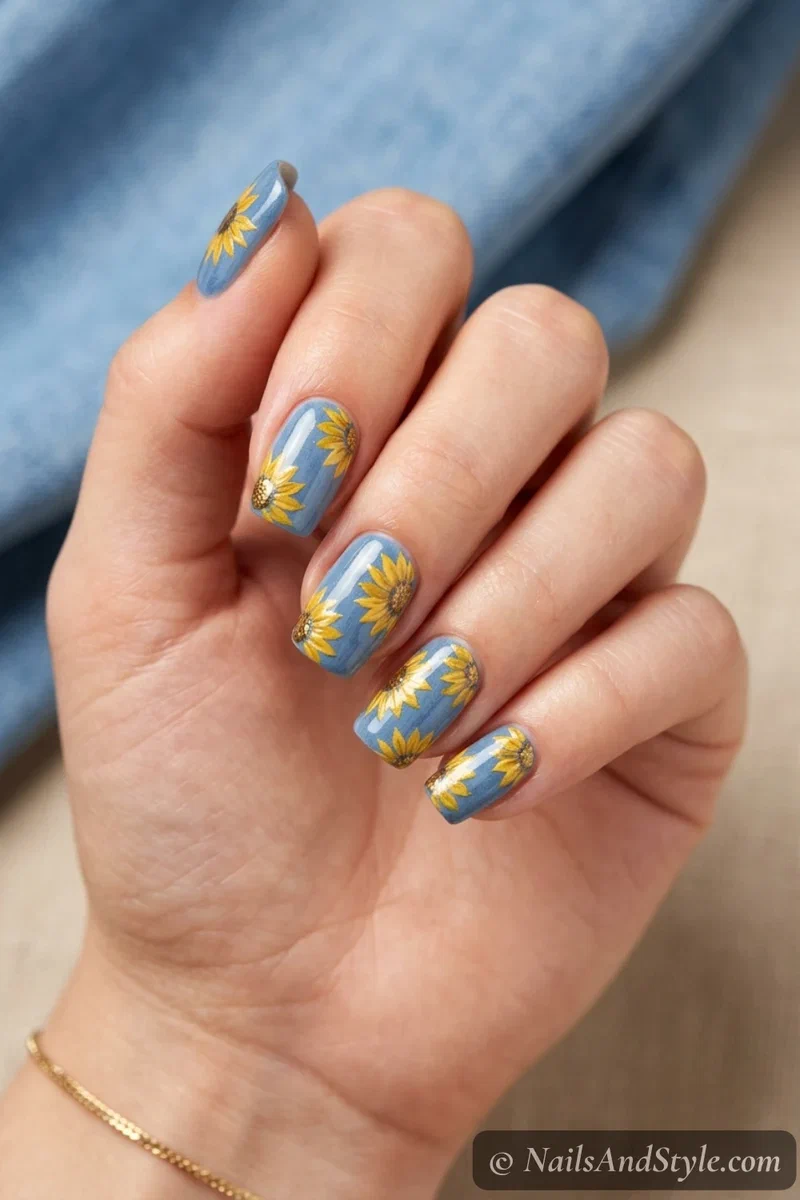 Sunflower and denim nails with golden sunflowers over a washed denim blue base on medium squoval nails