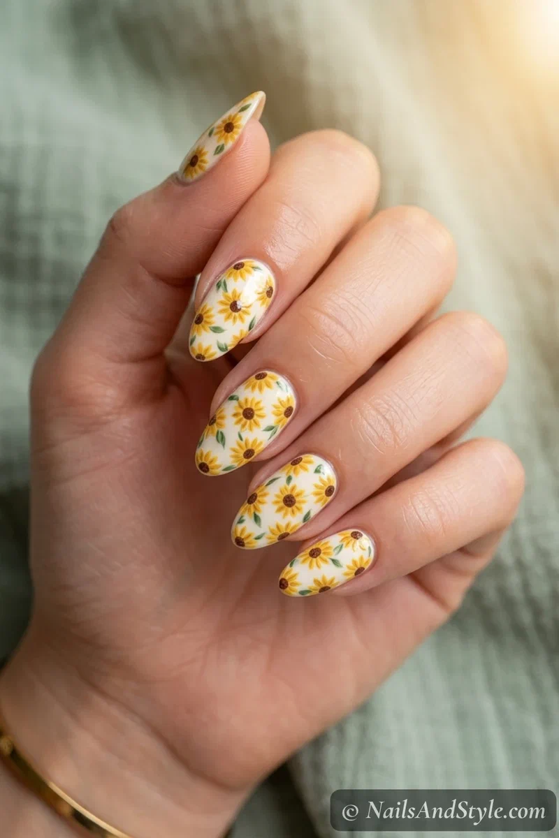 Sunflower field nails with several small sunflowers scattered over a cream base on medium almond nails