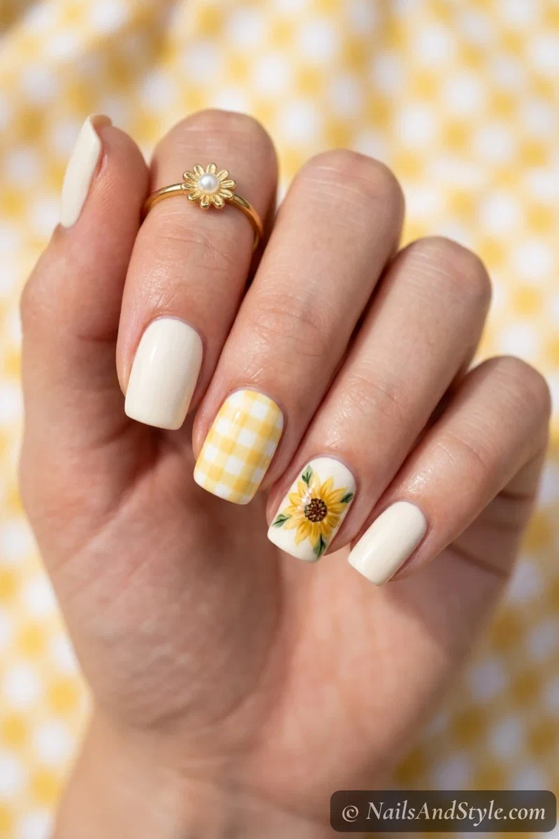 Sunflower and gingham nails with a yellow gingham accent and a sunflower accent over cream nails, short square nails