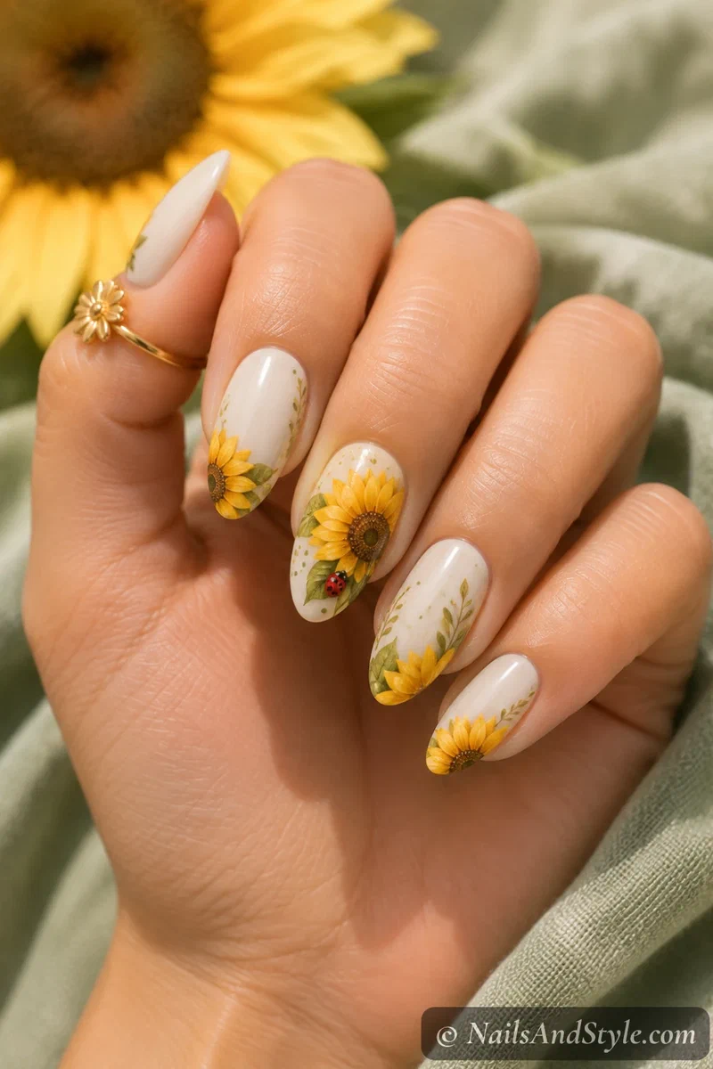 Sunflower and ladybug nails with a golden sunflower and a tiny red ladybug on an accent nail, medium almond nails