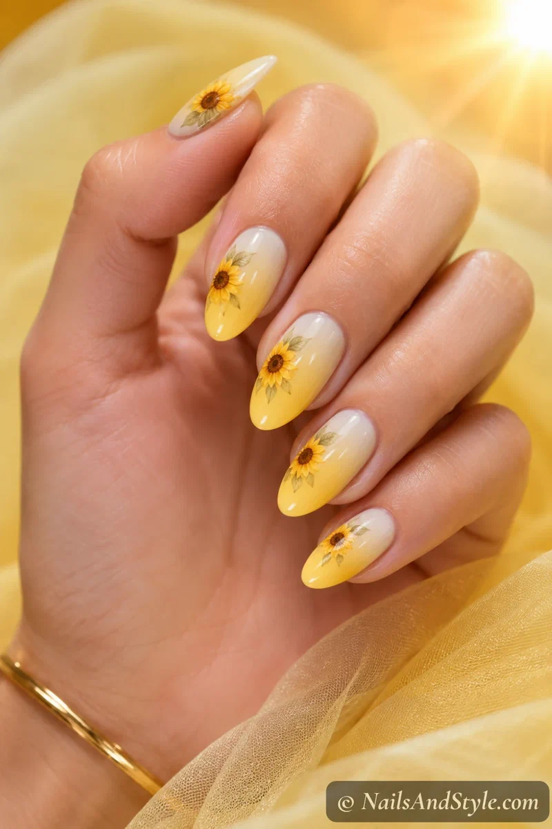 Sunflower ombre nails with a soft yellow to cream fade and a small sunflower on medium almond nails