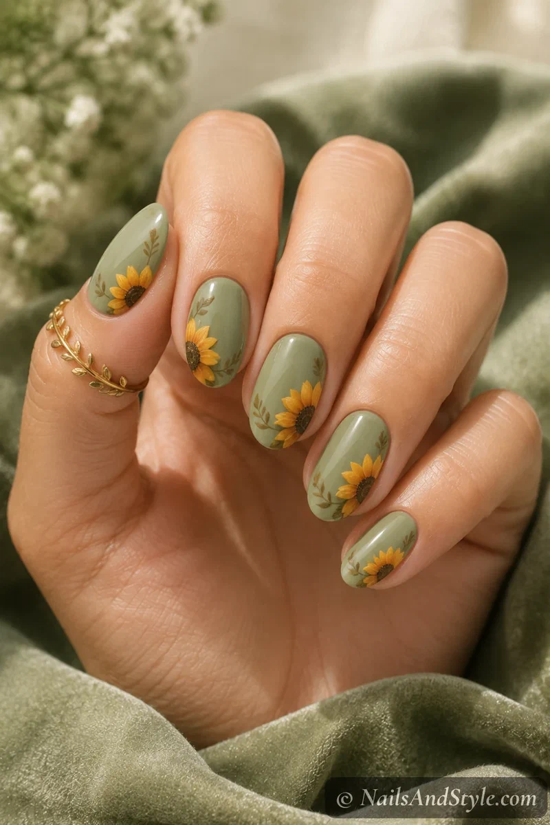 Sunflower on sage nails with a golden sunflower over a muted sage green base on medium oval nails