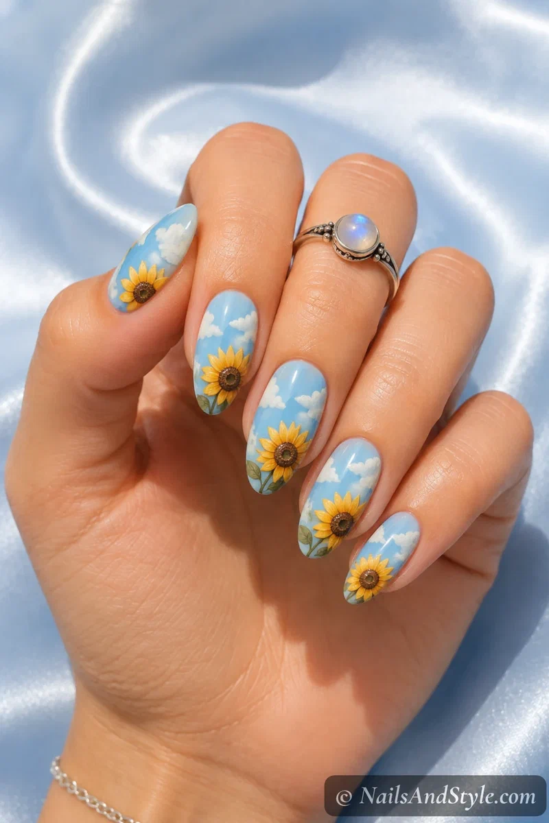 Sunflower and sky nails with a sunflower against a blue sky and white clouds on medium almond nails